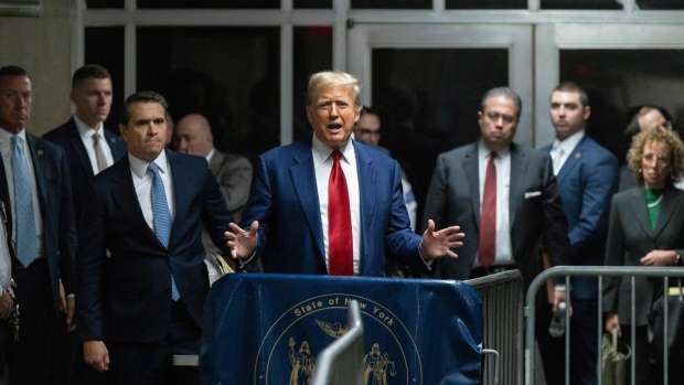 Donald Trump at Manhattan criminal court in New York, US, on Monday, March 25, 2024. Photographer: Justin Lane/EPA/Bloomberg