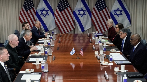 US Defense Secretary Lloyd Austin, right, meets Israeli Defense Minister Yoav Gallant, second left, at the Pentagon in Washington, DC, on March 26. Photographer: Drew Angerer/AFP/Getty Images