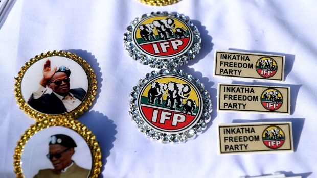 <p>Badges for sale at the Inkatha Freedom Party manifesto launch at Moses Mabhida Stadium in Durban, South Africa.</p>