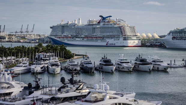 <p>The Carnival Celebration cruise ship docked at the cruise terminal at Port Miami in Miami, Florida.</p>