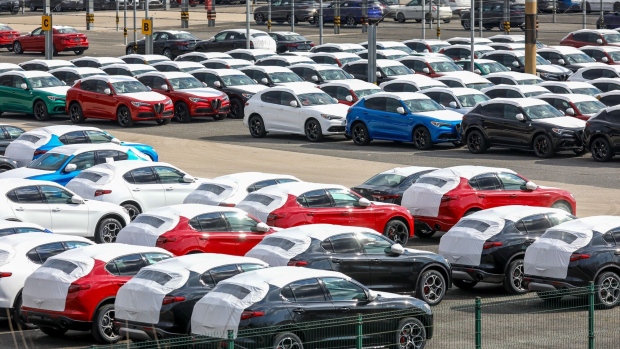 Newly-manufactured Alfa Romeo vehicles parked outside the Stellantis NV factory in Cassino, Italy. Photographer: Alessia Pierdomenico/Bloomberg