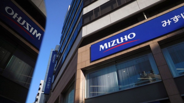 Signage for Mizuho Bank, a unit of Mizuho Financial Group, in Tokyo.