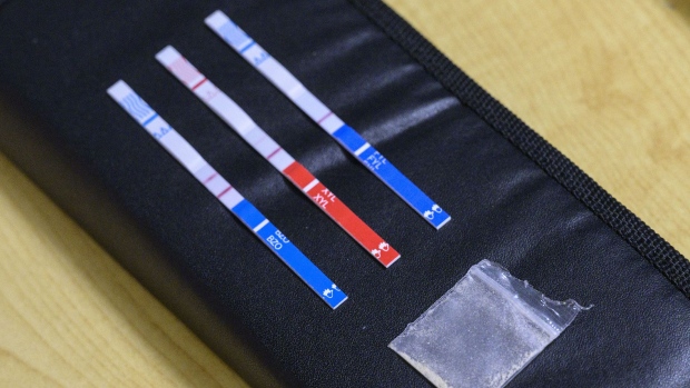 Tests strips, used to detect the presence of fentanyl and xylazine in different kinds of drugs, such as cocaine, methamphetamine, and heroin. Photographer: Angela Weiss/AFP/Getty Images