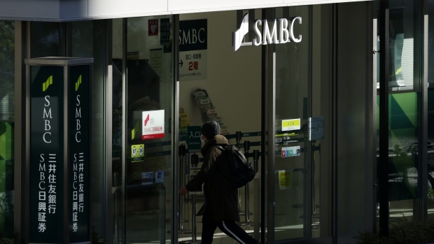 A customer enters a branch of Sumitomo Mitsui Banking Corp., a unit of Sumitomo Mitsui Financial Group Inc., in Tokyo on Jan. 25, 2023.