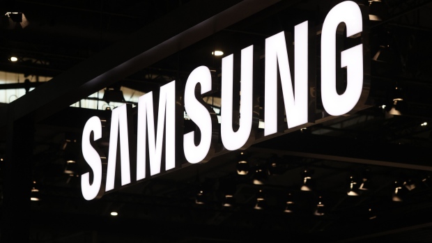 An illuminated Samsung sign.