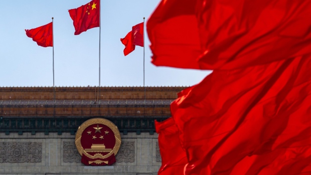 <p>A Chinese national flag at the Great Hall of the People following the closing of the Second Session of the 14th National People's Congress (NPC) in Beijing, China, on Monday, March 11, 2024. </p>