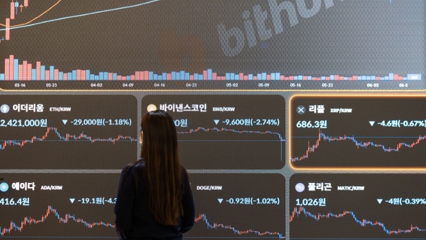 A screen displays crypto prices at the Bithumb exchange office in Seoul.