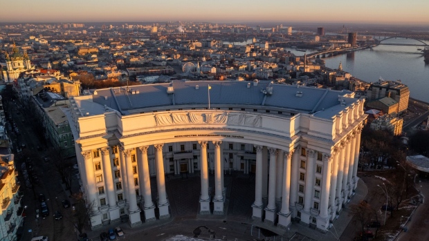 The Ministry of Foreign Affairs building at sunrise in Kyiv.