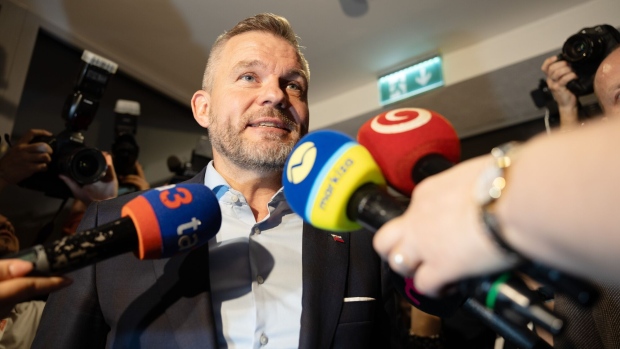 <p>Peter Pellegrini speaks to members of the media during an election night watch party in Bratislava on Saturday.</p>