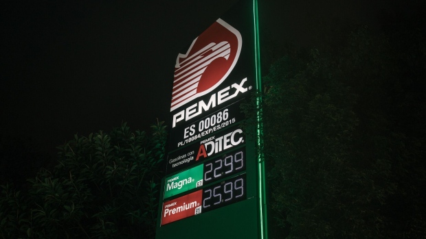 Gas prices at a Petroleos Mexicanos (PEMEX) gas station in Mexico City, Mexico, on Thursday, May 4, 2023. The Mexican government is not currently considering giving state oil company Petroleos Mexicanos a capital injection this year to help pay upcoming debt. Photographer: Luis Antonio Rojas/Bloomberg
