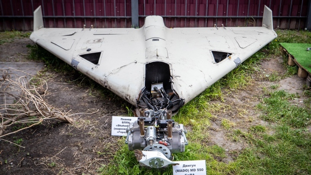 The remains of a Shahed-136 in an exhibition of Russian drones and missiles used to attack Kyiv. Photographer: Oleksii Samsonov /Global Images Ukraine/Getty Images