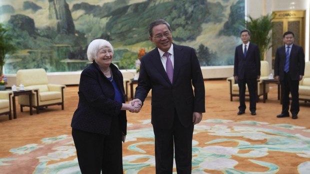 Janet Yellen with Chinese Premier Li Qiang in Beijing on April 7. Photographer: Tatan Syuflana/Getty Images