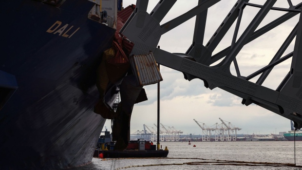 <p>The Port of Baltimore is seen with the wreckage of the cargo ship Dali in Baltimore, Maryland on April 4.</p>