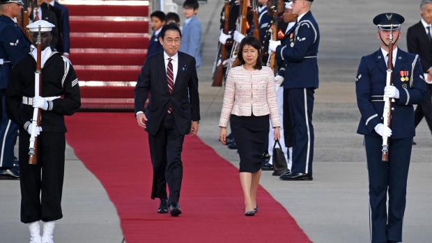 Japanese Prime Minister Fumio Kishida and his spouse Yuko Kishida arrive at Joint Base Andrews in Maryland, on April 8. Photographer: Olivier Douliery/AFP/Getty Images