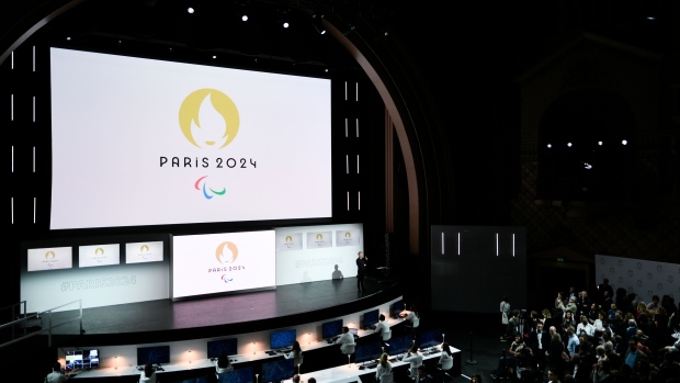 A logo presentation ceremony for Paris 2024 Olympic Games at the Grand Rex cinema in Paris. Photographer: Stephane de Sakutin/AFP/Getty Images
