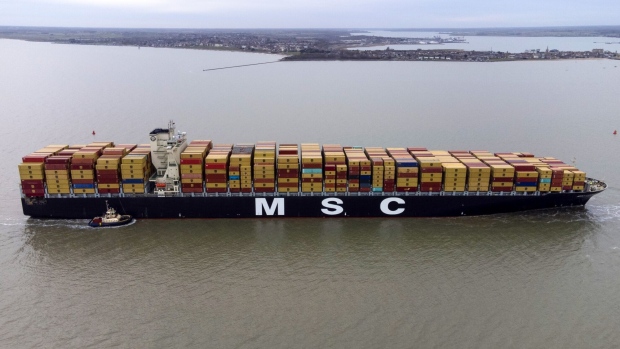 The MSC Luciana container ship, left, approaches the Port of Felixstowe, owned by a unit of CK Hutchison Holdings Ltd., in Felixstowe, UK, on Monday, March 4, 2024. By attacking ships plying the Red Sea, Yemen’s Iran-backed Houthi rebels have caused the biggest disruption to global trade since the Covid-19 pandemic and provoked a military response, including US and UK airstrikes on Yemen. Photographer: Chris Ratcliffe/Bloomberg