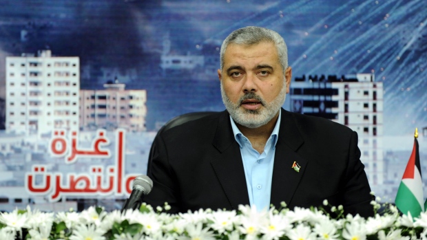 <p>In this handout image from the Palestinian Prime Minister's Office, Ismail Haniyeh speaks during a televised address.</p>