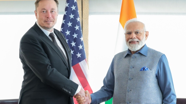 Narendra Modi and Elon Musk meet in 2023. Source: Indian Press Information Bureau/Anadolu Agency/Getty Images