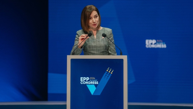 Maia Sandu speaks at the European People’s Party congress in Bucharest on March 6.