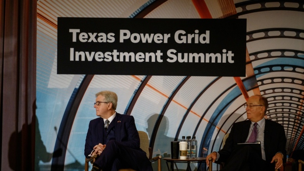 Dan Patrick, lieutenant governor of Texas, left, and Larry Fink, chairman and chief executive officer of BlackRock Inc., at the Texas Power Grid Investment Summit in Houston, Texas, US, on Tuesday, Feb. 6, 2024.