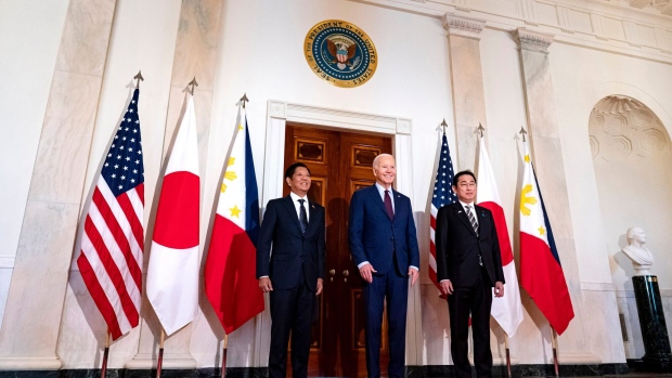 Ferdinand Marcos Jr., Philippines' president, from left, US President Joe Biden, and Fumio Kishida, Japan's prime minister, arrive for a trilateral meeting at the White House in Washington, DC, US, on Thursday, April 11, 2024. Biden is set to unveil joint military patrols and training with the Philippines and Japan as the allies seek to counter an increasingly assertive China in the South China Sea.