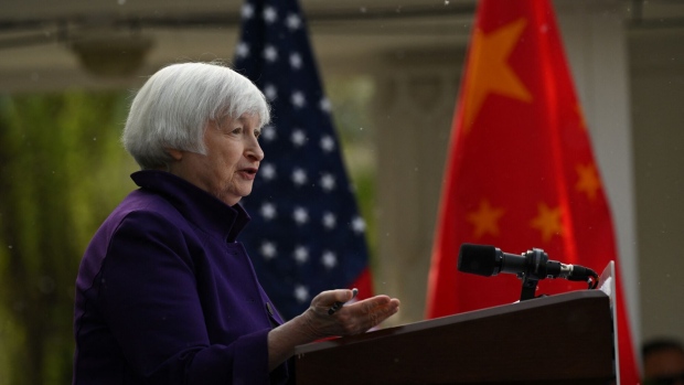 Janet Yellen speaks at the US Ambassador's residence in Beijing on April 8. Photographer: Pedro Pardo/AFP/Getty Images