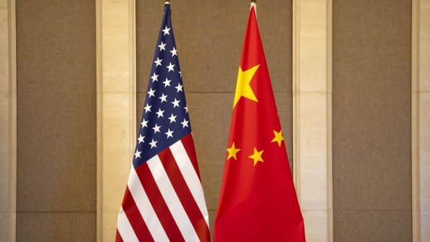 United States and Chinese flags are set up before a meeting between Treasury Secretary Janet Yellen and Chinese Vice Premier He Lifeng at the Diaoyutai State Guesthouse on July 8, 2023 in Beijing, China.