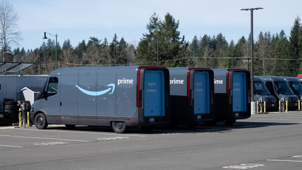 Electric Vehicles (EV) at the Amazon Delivery Station in Maple Valley, Washington, US, on Thursday, March 14, 2024.