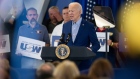 US President Joe Biden, center, speaks during a campaign event at United Steel Workers headquarters in Pittsburgh, Pennsylvania, US, on Wednesday, April 17, 2024. Biden is calling for higher tariffs on Chinese steel and aluminum, part of a series of steps to shore up the American steel sector and woo its workers in this year's election.