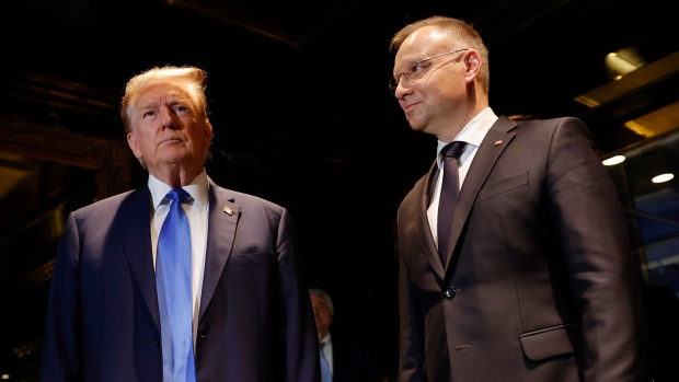 NEW YORK, NEW YORK - APRIL 17: Republican presidential nominee, former President Donald Trump stands with Polish President Andrzej Duda at Trump Tower on April 17, 2024 in New York City. Trump met with President Duda, a strong supporter of Ukraine, as European and NATO leaders prepare for the possibility that Trump wins the November presidential election and returns to the White House. The meeting comes on an off day in Trump's criminal trial. (Photo by Michael M. Santiago/Getty Images) Photographer: Michael M. Santiago/Getty Images North America