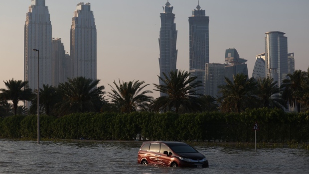 <p>A flooded highway after a rainstorm in Dubai.</p>