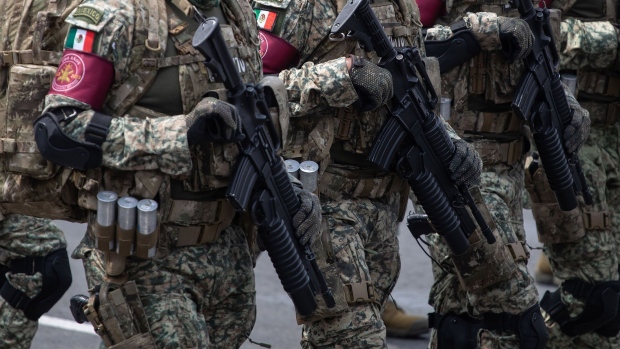 Members of the Mexican Army participate in the annual military parade in Mexico City, Mexico on September 16, 2023. Photographer: Daniel Cardenas/Anadolu/Getty Images