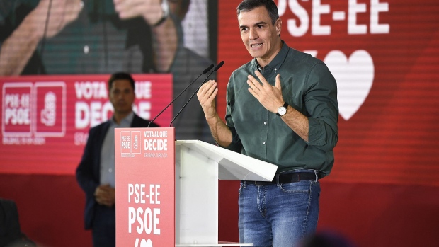 Pedro Sanchez speaks during the Basque Socialist Party (PSE) closing campaign meeting in Bilbao on April 19. Photographer: Ander Gillenea/AFP/Getty Images