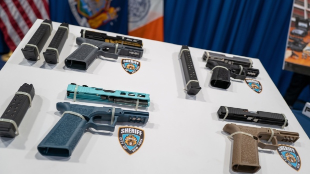 <p>Confiscated “ghost guns” ahead of a news conference in New York in 2022.</p>