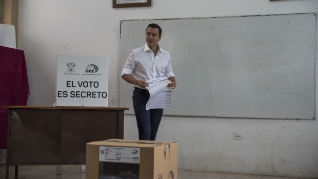 Daniel Noboa casts a ballot at a polling station during a national referendum in Olon, Santa Elena province, Ecuador, on April 21.