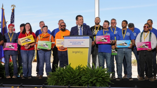 U.S. Secretary of Transportation Pete Buttigieg, center, during a groundbreaking ceremony at the Brightline West Las Vegas station in Las Vegas, Nevada on Monday. Photographer: Ethan Miller/Getty Images