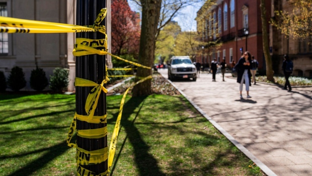 Caution tape blocks portions of Yale University in New Haven, Connecticut, on April 23.