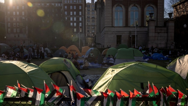 Pro-Palestinian demonstrators at an encampment at Columbia University in New York on April 24.