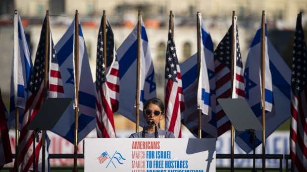 Hersh Goldberg-Polin’s mother speaks during a “March for Israel” rally on the National Mall in Washington last November.