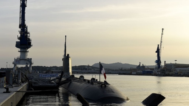 A French navy Barracuda class nuclear attack submarine docked in Toulon's harbour. Photographer: Nicolas Tucat/AFP/Getty Images
