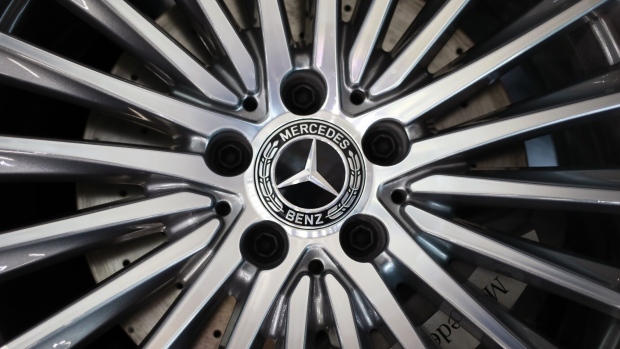 A Mercedes-Benz logo on the wheel of a vehicle for sale at the Mercedes-Benz of Louisville dealership in Louisville, Kentucky, U.S., on Tuesday, Dec. 7, 2021. U.S. car sales inched higher and inventories grew in October, a sign that some of the worst of the shortages hampering auto production might be fading, but auto makers continued to struggle to replenish dealer lots and supply is likely to remain tight through next year, according to MarketWatch.