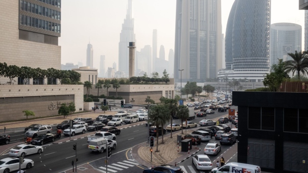Traffic at the Dubai International Financial District in Dubai, United Arab Emirates.
