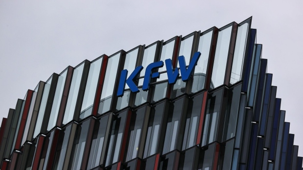 A logo on the KfW state-owned bank headquarters in Frankfurt, Germany, on Wednesday, May 26, 2021. Europe’s labor market may recover more slowly from the pandemic than its economy, according to a study by Accenture. Photographer: Alex Kraus/Bloomberg