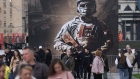 <p>A billboard bearing the image of a Russian soldier at Poklonnaya Hill in Moscow on April 28. </p>