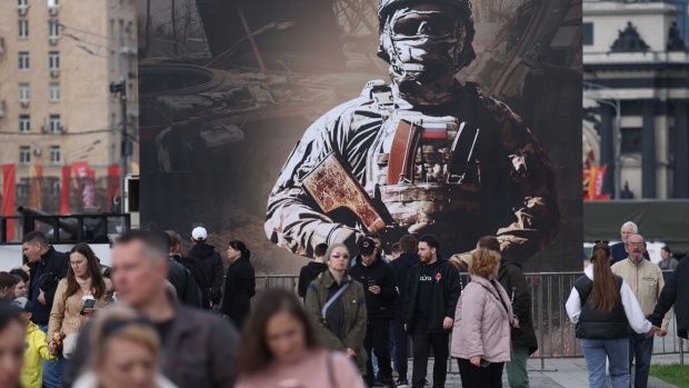 <p>A billboard bearing the image of a Russian soldier at Poklonnaya Hill in Moscow on April 28. </p>