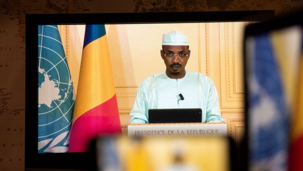 Mahamat Deby, Chad's president, speaks in a prerecorded video during the United Nations General Assembly via live stream in New York, U.S., on Thursday, Sept. 23, 2021. A scaled-back United Nations General Assembly returns to Manhattan after going completely virtual last year, but fears about a possible spike in Covid-19 cases are making people in the host city less enthusiastic about the annual diplomatic gathering. Photographer: Michael Nagle/Bloomberg