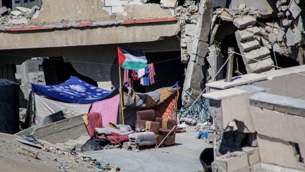 A makeshift shelter in the rubble of destroyed homes in central Khan Younis, on May 8.