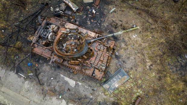 A destroyed Russian tank in Bogorodychne, Ukraine. Photographer: John Moore/Getty Images