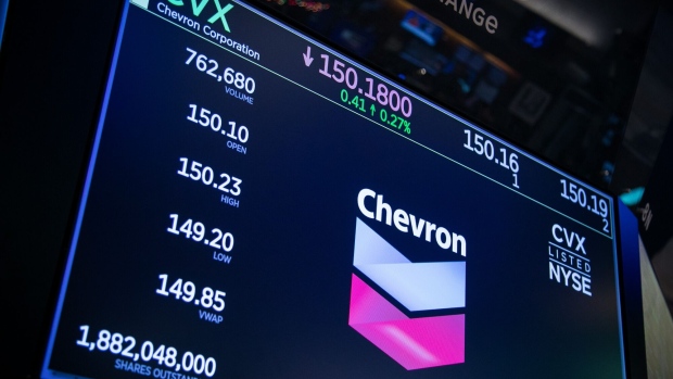 Chevron Corp. signage on the floor of the New York Stock Exchange (NYSE) in New York, US, on Friday, Dec. 29, 2023. A banner year for stocks is drawing to a close, with gains in big tech leaving the market near all-time highs amid the artificial intelligence exuberance and dovish Federal Reserve bets. Photographer: Michael Nagle/Bloomberg