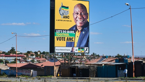 An election poster for South Africa's President Cyril Ramaphosa and the African National Congress (ANC) in Johannesburg.